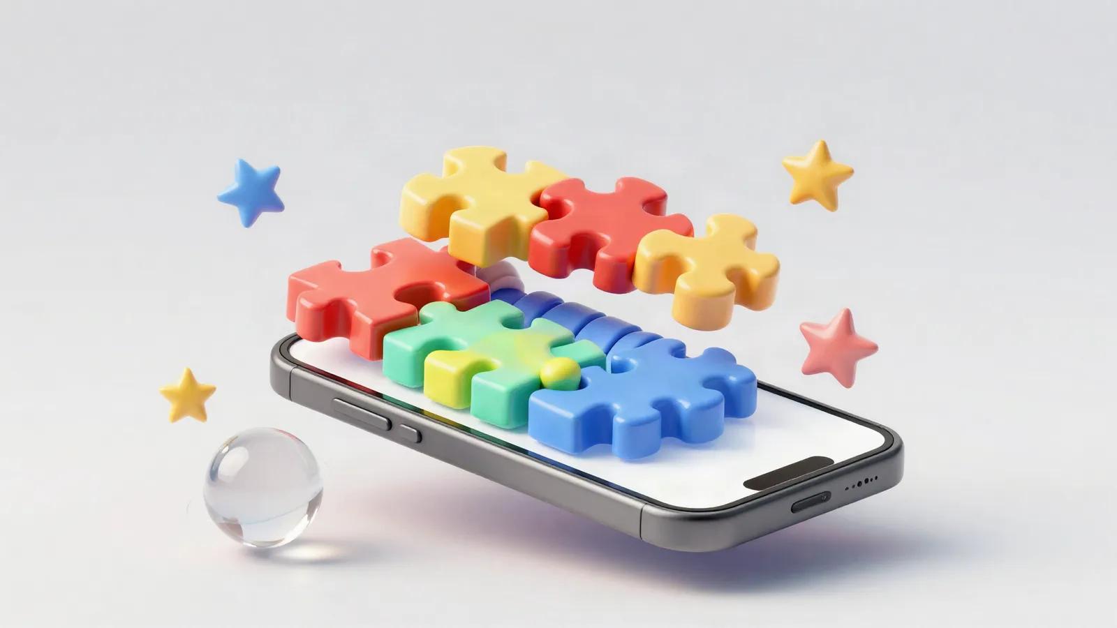 Soft 3D illustration of colorful puzzle blocks on a phone surrounded by stars