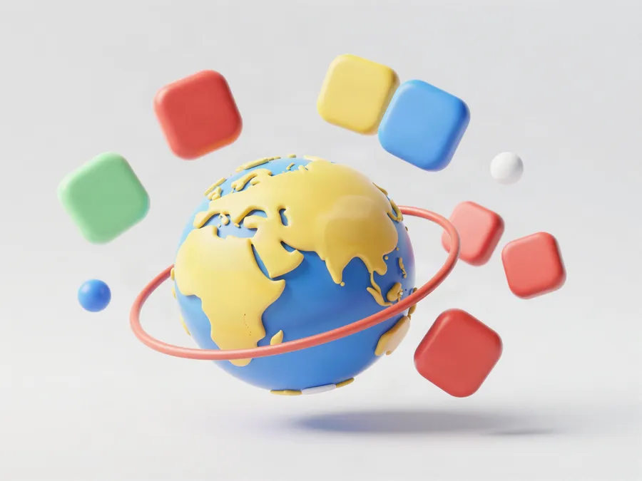 Soft 3D illustration of a globe with floating app tiles