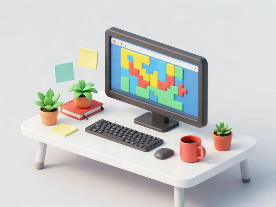 Soft 3D illustration of a miniature game studio desk